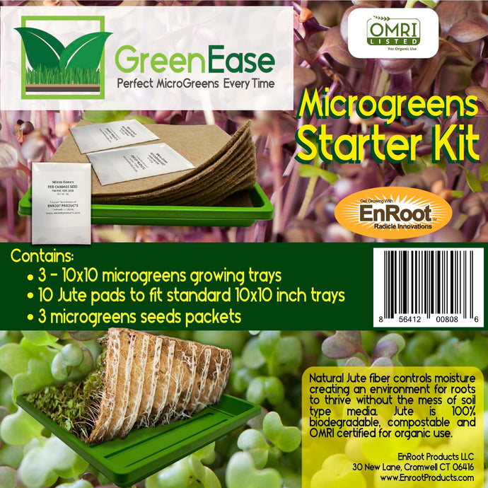 GreenEase Microgreens Starter Kit – 10 Organic Certified Jute Grow Pads, 3 BPA Free Low Profile 10x10 Trays for Easy Harvesting and 3 Packs of Microgreens Seeds